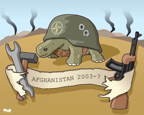 Cartoon: NATO in Afghanistan (medium) by Tjeerd Royaards tagged nato,afghanista,rebuilding,mission,militairy,intervention,nato,afghanistan,militär,soldaten,krieg,waffen