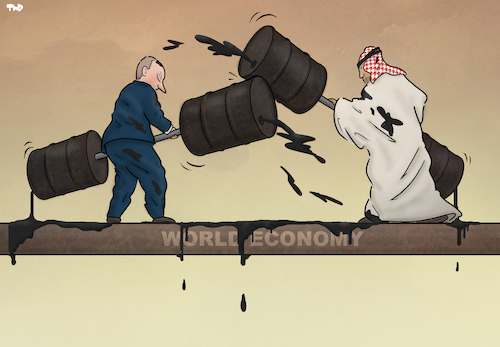 Cartoon: Oil War (medium) by Tjeerd Royaards tagged russia,oil,opec,saudi,arabia,fight,economy,money,barrels,russia,oil,opec,saudi,arabia,fight,economy,money,barrels