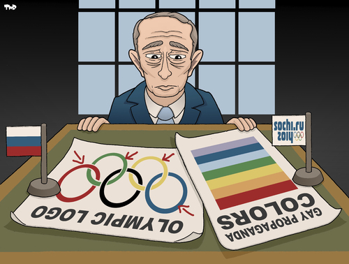 Cartoon: Olympics Are Gay Propaganda (medium) by Tjeerd Royaards tagged putin,russia,gay,homosexual,values,family,tradition,olympics,sochi,putin,russia,gay,homosexual,values,family,tradition,olympics,sochi