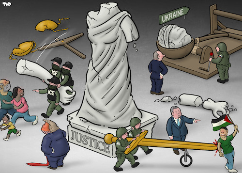 Cartoon: Perversion of justice (medium) by Tjeerd Royaards tagged gaza,israel,russia,usa,ice,justice,putin,trump,netanyahu,gaza,israel,russia,usa,ice,justice,putin,trump,netanyahu