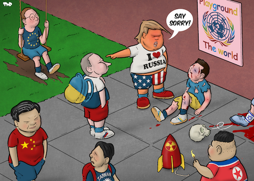 Cartoon: Playground (medium) by Tjeerd Royaards tagged playground,bully,trump,putin,ukraine,china,taiwan,israel,playground,bully,trump,putin,ukraine,china,taiwan,israel