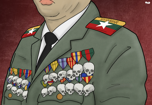 Cartoon: Portrait of a Myanmar General (medium) by Tjeerd Royaards tagged myanmar,burma,rohingya,genocide,army,general,myanmar,burma,rohingya,genocide,army,general