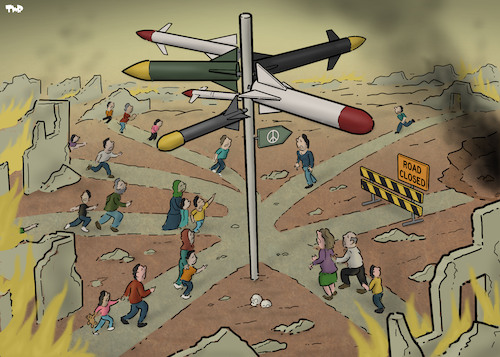 Cartoon: Signpost (medium) by Tjeerd Royaards tagged war,peace,violence,missiles,road,middle,east,war,peace,violence,missiles,road,middle,east