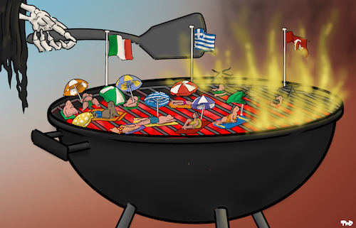 Cartoon: Summer in Europe (medium) by Tjeerd Royaards tagged climate,europe,summer,heatwave,heat,wildfires,turkey,greece,italy,climate,europe,summer,heatwave,heat,wildfires,turkey,greece,italy