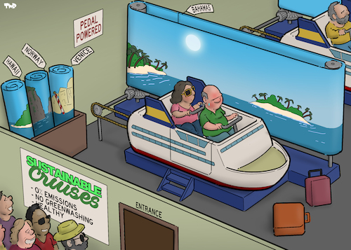 Cartoon: Sustainable cruise (medium) by Tjeerd Royaards tagged greenwashing,cruise,ship,environment,nature,climate,pollution,sustainability,oceans,seas,greenwashing,cruise,ship,environment,nature,climate,pollution,sustainability,oceans,seas