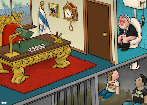 Cartoon: The office of Ben Gvir (medium) by Tjeerd Royaards tagged gaza,israel,ben,gvir,extremist,genocide,death,penalty,palestinians,gaza,israel,ben,gvir,extremist,genocide,death,penalty,palestinians