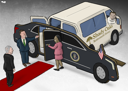 Cartoon: This way Mr. President (medium) by Tjeerd Royaards tagged usa,america,elections,biden,old,age,retirement,usa,america,elections,biden,old,age,retirement