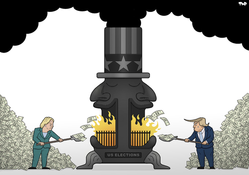 Cartoon: US Elections (medium) by Tjeerd Royaards tagged trump,donald,hillary,clinton,elections,campaign,fund,money,usa,us,trump,donald,hillary,clinton,elections,campaign,fund,money,usa,us