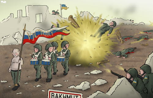 Cartoon: Victory parade in Bakhmut (medium) by Tjeerd Royaards tagged bakhmut,ukraine,russia,putin,victory,victims,defeat,loss,wagner,bakhmut,ukraine,russia,putin,victory,victims,defeat,loss,wagner