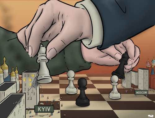 Cartoon: War chess (medium) by Tjeerd Royaards tagged ukraine,russia,drones,attack,airstrikes,kyiv,moscow,chess,game,ukraine,russia,drones,attack,airstrikes,kyiv,moscow,chess,game
