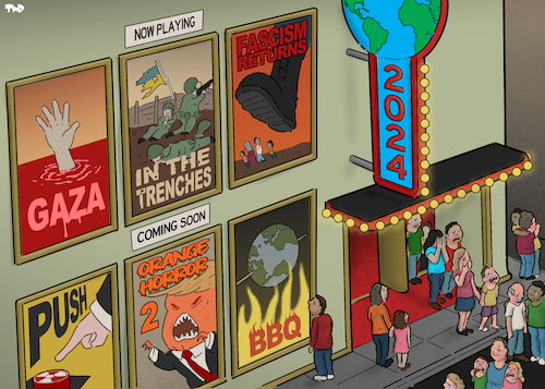 Cartoon: World cinema (medium) by Tjeerd Royaards tagged movies,cinema,gaza,trump,ukraine,war,disaster,humanity,2024,movies,cinema,gaza,trump,ukraine,war,disaster,humanity,2024