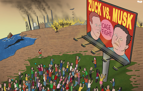 Cartoon: Zuck vs. Musk (medium) by Tjeerd Royaards tagged elon,musk,mark,zuckerberg,cage,fight,elon,musk,mark,zuckerberg,cage,fight