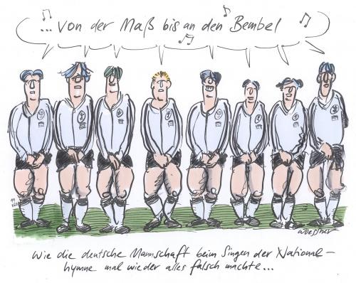 Cartoon: bembel fussball (medium) by woessner tagged fussball,sport,musik,nationalmannschaft,singen,hymne,fussball,sport,musik,nationalmannschaft,singen,hymne,nationalhymne,bembel,deutschland,peinlich,falsch,fußball,fußballbegeisterung,training,trainieren,mannschaft,team,fifa