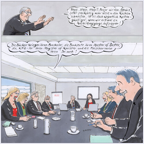 Cartoon: Berufe aufpeppen (medium) by woessner tagged cartoons,karikaturen,woessner,bildung,ausbildung,bezahlung,lehrstellen,betriebsausbildung,berufsausbildung,berufsschule,sprache,euphemismus,schönreden,einsparung,ausbildungsgänge,aufpeppen,azubi,lehrling,auszubildende,lehrgänge,image,vergütung,bachelor,backelor,master,zaster,magister,kanister,fleischerinnen,doktor,mett,imagepflege,umbenennung,bank,kfz,mechatroniker,cartoons,karikaturen,woessner,bildung,ausbildung,bezahlung,lehrstellen,betriebsausbildung,berufsausbildung,berufsschule,sprache,euphemismus,schönreden,einsparung,ausbildungsgänge,aufpeppen,azubi,lehrling,auszubildende,lehrgänge,image,vergütung,bachelor,backelor,master,zaster,magister,kanister,fleischerinnen,doktor,mett,imagepflege,umbenennung,bank,kfz,mechatroniker