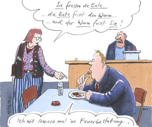 Cartoon: Feuerbestattung (medium) by woessner tagged umwelt,essen,leben,sterben,bestattung,kreislauf,des,lebens,beerdigung,philosophie,psychologie,esoterik,vegetarier