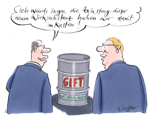 Cartoon: Gift (medium) by woessner tagged woessner,karikaturen,cartoons,umweltgift,umweltvergiftung,schadstoffe,schadstoffausstoss,emissionen,öko,ökologie,ökologisch,natürlich,werbung,verpackung,gift,naturbelassen,industrie,herstellung,zulassung,etikettenschwindel,umwelt,chemie,chemisch,wirksubstanz,greenwashing,chemiekonzerne,chemische,basf,monsanto,bayer