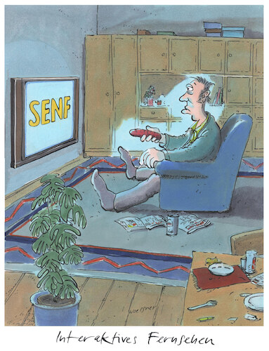Cartoon: Interaktives Fernsehen (medium) by woessner tagged cartoons,karikaturen,woessner,interaktion,virtuell,digitalisierung,entstofflichung,realität,irreal,interaktives,fernsehen,smart,tv,ki,künstliche,intelligenz,konsum,wurst,senf,dialog,fernbedienung,fernsehkonsum,essen,trinken,intervention,manipulation,beeinflussung,manifestation,cartoons,karikaturen,woessner,interaktion,virtuell,digitalisierung,entstofflichung,realität,irreal,interaktives,fernsehen,smart,tv,ki,künstliche,intelligenz,konsum,wurst,senf,dialog,fernbedienung,fernsehkonsum,essen,trinken,intervention,manipulation,beeinflussung,manifestation