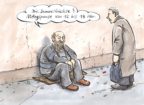 Cartoon: Mittagspause (medium) by woessner tagged cartoons,karikaturen,woessner,uhrzeit,urlaub,arbeitszeit,arbeitszeitenregelung,arbeitsbedingungen,mittagspause,bettler,passant,arbeitsplatz,obdachlose,armut,mahlzeit,mittagessen,wohnungslose,not,strasse,fussgänger,grosstadt,strassenszene,mitleid,spende,spendabel,cartoons,karikaturen,woessner,uhrzeit,urlaub,arbeitszeit,arbeitszeitenregelung,arbeitsbedingungen,mittagspause,bettler,passant,arbeitsplatz,obdachlose,armut,mahlzeit,mittagessen,wohnungslose,not,strasse,fussgänger,grosstadt,strassenszene,mitleid,spende,spendabel
