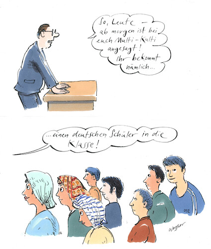 Cartoon: Multikulti (medium) by woessner tagged cartoons,karikaturen,woessner,deutsch,deutschland,nation,nationalismus,clash,of,cultures,überfremdung,sozialer,zusammenhalt,links,rechts,grün,konservativ,nationalistisch,multikulti,schule,klasse,lehrer,lehrerinnen,kultur,gemeinschaft,toleranz,bildung,migrationshintergrund,kampfbegriff,grüne,schülerinnen,schulklasse,unterricht,klassengemeinschaft,ausländeranteil,cartoons,karikaturen,woessner,deutsch,deutschland,nation,nationalismus,clash,of,cultures,überfremdung,sozialer,zusammenhalt,links,rechts,grün,konservativ,nationalistisch,multikulti,schule,klasse,lehrer,lehrerinnen,kultur,gemeinschaft,toleranz,bildung,migrationshintergrund,kampfbegriff,grüne,schülerinnen,schulklasse,unterricht,klassengemeinschaft,ausländeranteil