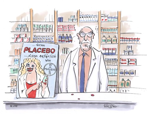 Cartoon: placebo (medium) by woessner tagged placebo,apotheke,pharmaindustrie,pharmalobby,medikamente,arzneimittel,wirksamkeit,nebenwirkung,werbung,reklame,placebo,apotheke,pharmaindustrie,pharmalobby,medikamente,arzneimittel,wirksamkeit,nebenwirkung,werbung,reklame