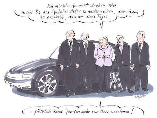 Cartoon: Spenden (medium) by woessner tagged freimut,woessner,karikaturen,cartoons,auto,kfz,autoindustrie,autowahn,umwelt,grenzwerte,abgasreinigung,luft,luftverschmutzung,schadstoffe,emissionen,luftschadstoffe,dieselpartikel,feinstaub,spenden,autohersteller,merkel,cdu,csu,große,koalition,spd,bestechung,korruption,vorteilsnahme,schmieren,politik,wirtschaft,beziehungen,verflechtungen,diesel,abgase,manipulation,kartell,absprache,freimut,woessner,karikaturen,cartoons,auto,kfz,autoindustrie,autowahn,umwelt,grenzwerte,abgasreinigung,luft,luftverschmutzung,schadstoffe,emissionen,luftschadstoffe,dieselpartikel,feinstaub,spenden,autohersteller,merkel,cdu,csu,große,koalition,spd,bestechung,korruption,vorteilsnahme,schmieren,politik,wirtschaft,beziehungen,verflechtungen,diesel,abgase,manipulation,kartell,absprache