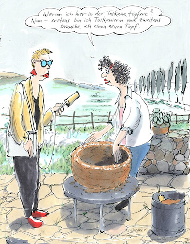 Cartoon: Töpfern Toskana (medium) by woessner tagged cartoons,karikaturen,woessner,reporterin,interview,aussteigerinnen,töpferwaren,gestaltungsfreude,schöpferisch,einwohner,eingeborene,italienerin,töpfern,toskanatoskanierinnen,gebrauchsgegenstand,topf,hobby,liebhaberei,selbstfindung,esoterik,ton,tonarbeit,gestalten,schaffen,homo,faber,kreativität,kreativ,töpferwerkstatt,italien,traumland,aussteiger,cartoons,karikaturen,woessner,reporterin,interview,aussteigerinnen,töpferwaren,gestaltungsfreude,schöpferisch,einwohner,eingeborene,italienerin,töpfern,toskanatoskanierinnen,gebrauchsgegenstand,topf,hobby,liebhaberei,selbstfindung,esoterik,ton,tonarbeit,gestalten,schaffen,homo,faber,kreativität,kreativ,töpferwerkstatt,italien,traumland,aussteiger