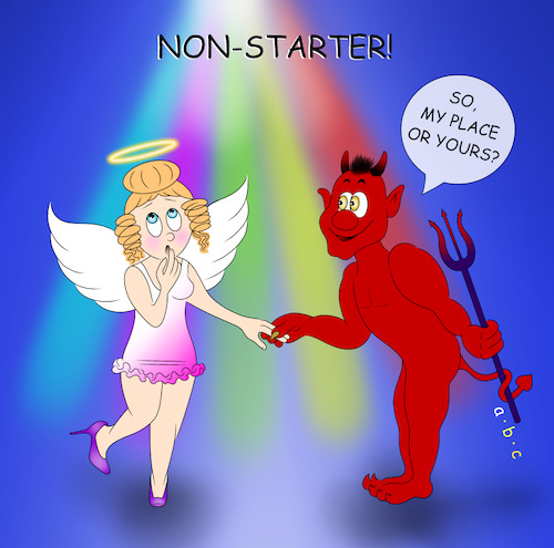 Cartoon: non-starter (medium) by a-b-c tagged angel,heaven,heavenly,idol,images,devil,hell,purgatory,evil,opposites,discotheque,party,dancing,club,rendezvous,nightclub,date,dancefloor,abc,discoball,onlinedating,misunderstanding,eroticism,happiness,relationship,lighteffect,antje,angel,heaven,heavenly,idol,images,devil,hell,purgatory,evil,opposites,discotheque,party,dancing,club,rendezvous,nightclub,date,sex,dancefloor,abc,discoball,onlinedating,misunderstanding,eroticism,happiness,relationship,lighteffect,antje