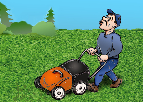 Cartoon: Friseur mit Rasenmäher (medium) by Back tagged friseur,frisör,beruf,arbeitsschutz,arbeit,haarschnitt,rasenmäher,gärtner