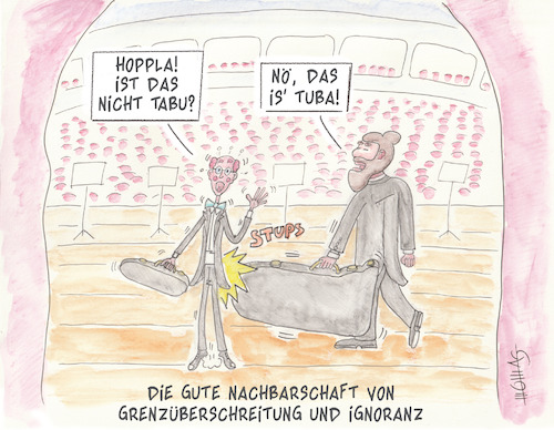 Cartoon: Die gute Nachbarschaft (medium) by Thomas Novotny tagged ignoranz,grenzüberschreitung,tabu,tuba,gesellschaft,empathie,sozialverhalten,musik,instrumente,künstler,musiker,miteinander