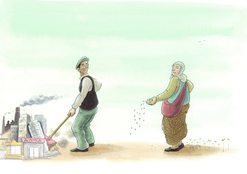 Cartoon: agriculture (medium) by hamitgis tagged griculture,nature,vs,industry,urbanization,farming,sustainability,ecology,environment,rural,urban,green,world,hamit,hamitgis,gis,cartoon,art,drawing