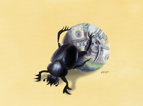 Cartoon: dirty money (medium) by hamitgis tagged money,inflation,economy,capitalism,wealth,greed,dungbeetle,struggle,success,financial,crisis,satire,hamit,hamitgis,gis,cartoon,art,drawing