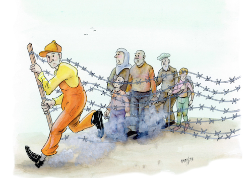 Cartoon: welcome (medium) by hamitgis tagged cartoon,karikatur,hamit,hamitgis,gis,goc,gocmen,multeci,siginmaci,sinir,dikenlitel,engel,dislanma,ayrimcilik,insanhaklari,ozgurluk,insanlik,migration,migrant,refugee,asylum,border,barbedwire,barrier,exclusion,discrimination,humanrights,freedom,humanity