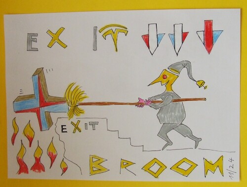 Cartoon: X EXIT only  BLACK BUFFOON BROOM (medium) by skätschup tagged crime,war,abuse,faka,show,kill,die,poverty,grief,hate,revange,wrath