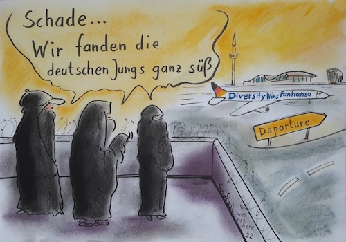 Cartoon: Abflug Deutsche Elf Katar (medium) by TomPauLeser tagged deutsche,elf,burka,flugzeug,fanhansa,katar,dubai,tompaul,thomas,leser,karikatur,cartoon