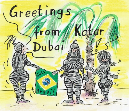 Cartoon: Brazil Fan Girls in Katar (medium) by TomPauLeser tagged katar,brasilien,fan,fussballfans,kleiderordnung,benimmregeln,dubai,wm,ritterrüstung,wüste,sand,palme,highheels,kostüm,sexy