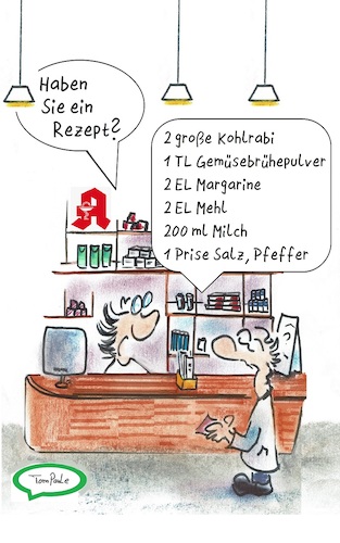 Cartoon: Chefkoch (medium) by TomPauLeser tagged apotheke,rezept,chefkoch,kochrezept,kochen,haushalt,verordnung,pharma,medikamen,medikamente,kohlrabi,mta,apothekerin,apotheker