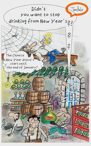 Cartoon: Chinese New Year (medium) by TomPauLeser tagged chinese,new,year,beer,alcohol,wine,cellar,spider,web,barrel,whiskey,drunken,being,drunk