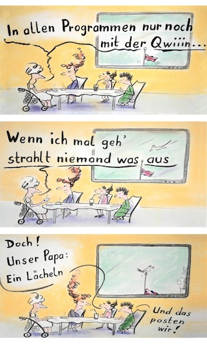 Cartoon: Die Queen geht (medium) by TomPauLeser tagged queen,fernseher,programm,sterben,tod,senioren,kinder,schwiegermutter,mutter