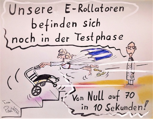 Cartoon: Elektro Rollator im Test (medium) by TomPauLeser tagged freigetestet,test,rollator,elektro,forscher,geschwindigkeit,altensport,seniorensport,fallschirm,treppe,schuhe