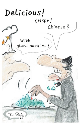 Cartoon: Fake Food (medium) by TomPauLeser tagged fake,food,restaurant,chinese,glas,noodles,spicy,sharp,crispy