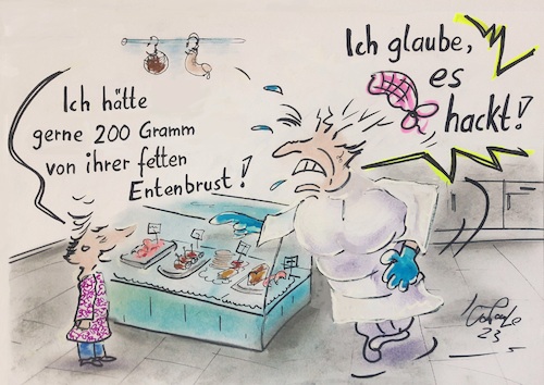 Cartoon: Fette Entenbrust (medium) by TomPauLeser tagged metzgerei,fleisch,entenbrust,verkäuferin,busen,brust,fette,fett