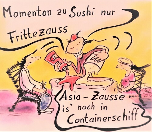 Cartoon: Frittensoße (medium) by TomPauLeser tagged pommfritt,fritten,pommes,sushi,container,containerhafen,china,ketschup,majonaise,rotweiss