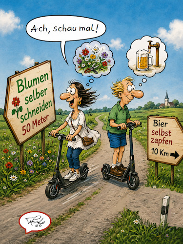 Cartoon: Getrennte Wege (medium) by TomPauLeser tagged blumen,schank,altweibersommer,sommer,frühling,schanwirtschaft,bier,gerstensaft,selbstpflücker,escooter,roller,scooter,zapfanlage,zapfen,blumenschneiden