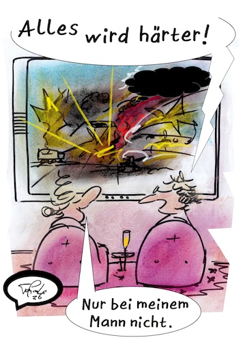 Cartoon: Härte zeigen! (medium) by TomPauLeser tagged tv,fernsehen,news,nachrichten,männer,frauen,gewalt,eskalation,krieg,katastrophen,härte,weltnachrichten,bedrohung