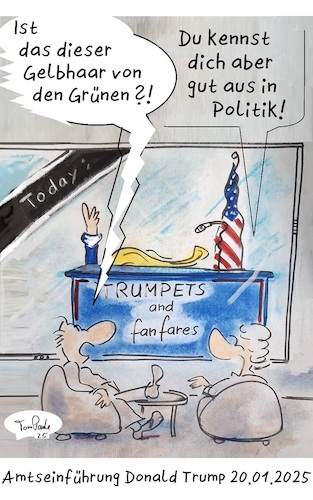 Cartoon: Inauguration D Trump (medium) by TomPauLeser tagged amtseinführung,gelbes,haar,inauguration,of,donald,trump,january,20,2025,präsident,usa,gelbhaar,grüne,politik,politikwissen,schlapplachsachen,tompaule,amerika,staat,demokratie,republikaner