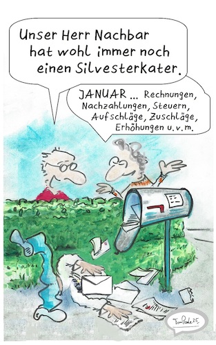 Cartoon: Januar (medium) by TomPauLeser tagged rechnung,rechnungen,post,us,briefkasten,steuer,erhöhung,nachzahlung,geld,teuer,ohnmacht,silvesterkater,kater,hecke,nachbar,briefe,briefumschlag