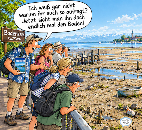 Cartoon: Niedrig (medium) by TomPauLeser tagged bodensee,boden,niedrig,dumpfbacke,touristen,sensation,touristensensation,reiseführer,urlaub,mainau,lindau,donauniedrigwasser,wasserpegel,pegelstand,wassermangel,see,fluss