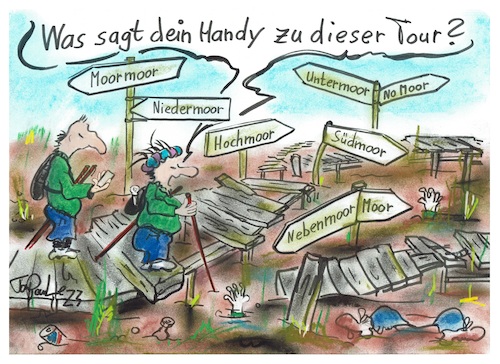Cartoon: No more Moor (medium) by TomPauLeser tagged moor,hochmoor,flachmoor,moorlandschaft,moorsteg,moorweg,moorwanderung,moorleiche,torf,brackwasser,sumpf,sumpflandschaft,sumpfig