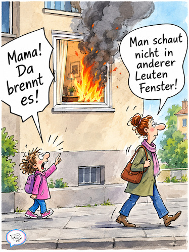 Cartoon: Notruf (medium) by TomPauLeser tagged feuer,warnapp,app,brand,brandwehr,notfall,rettung,feuerwehr,notruf,fenster,wohnungsbrand