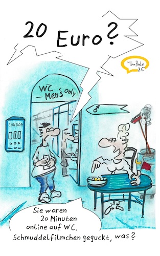 Cartoon: Nur für Männer (medium) by TomPauLeser tagged wc,öffentliche,toilette,wcfrau,klofrau,schmuddel,putzen,gebäudereinigung,reinigungswagen